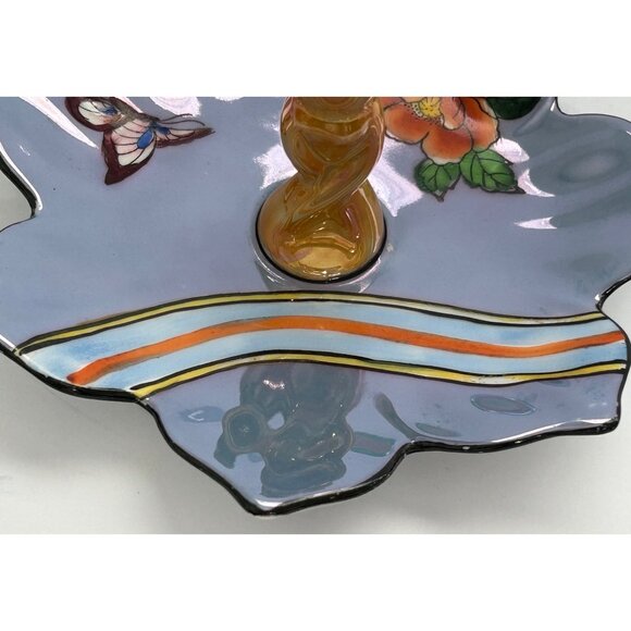 Lusterware Art Deco Noritake Blue Floral Butterfly Ring Trinket Tidbit Soap Dish - Picture 11 of 13